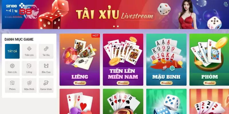 Giới thiệu sảnh game bài tại Sin88