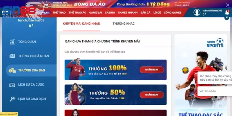 Khuyến mãi Sin88 tặng khuyến mãi lên đến 20 triệu