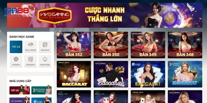 Thông tin sảnh game sòng bạc tại Sin88